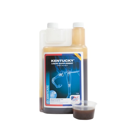Kentucky Liquid Supplement 1 L – płynny suplement na stawy dla koni z glukozaminą, MSM, Boswellią i HA, butelka z miarką.