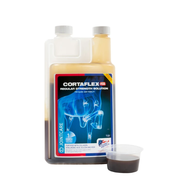 Cortaflex HA Regular Strength Solution 1 L – płynny suplement na stawy dla koni z kwasem hialuronowym, kolagenem, MSM i krzemem.