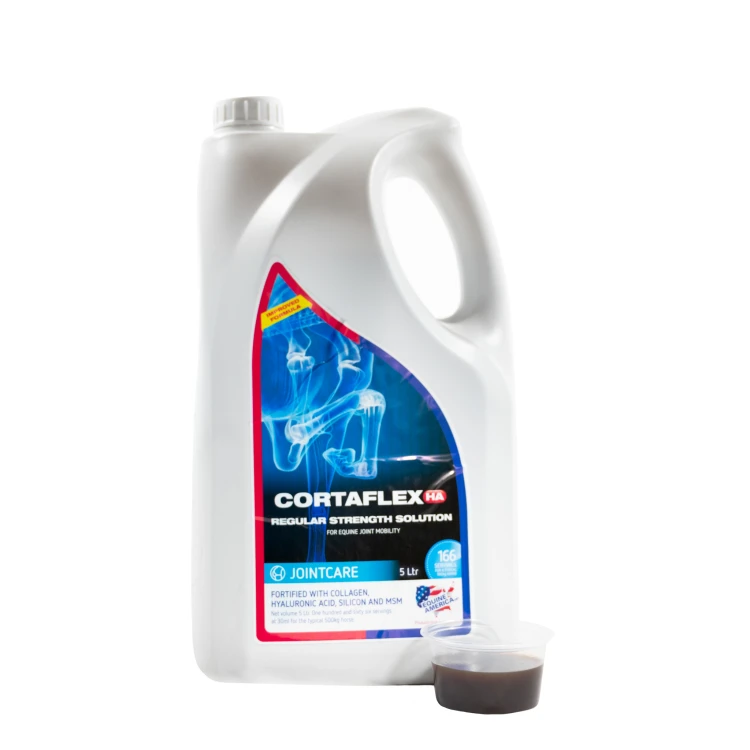 Cortaflex HA Regular Strength Solution 5 L – płynny suplement na stawy dla koni z kwasem hialuronowym, kolagenem, MSM i krzemem, ekonomiczne opakowanie 5 litrów.