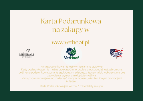 Tył karty podarunkowej VetHoof – regulamin korzystania z bonu podarunkowego do sklepu jeździeckiego