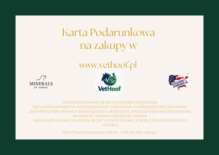 Tył karty podarunkowej VetHoof – regulamin korzystania z bonu podarunkowego do sklepu jeździeckiego