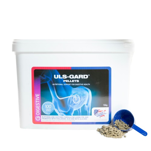 ULS-GARD Pellets 10 kg – suplement dla koni wspierający zdrowie układu pokarmowego w dużym opakowaniu z granulatem i miarką.