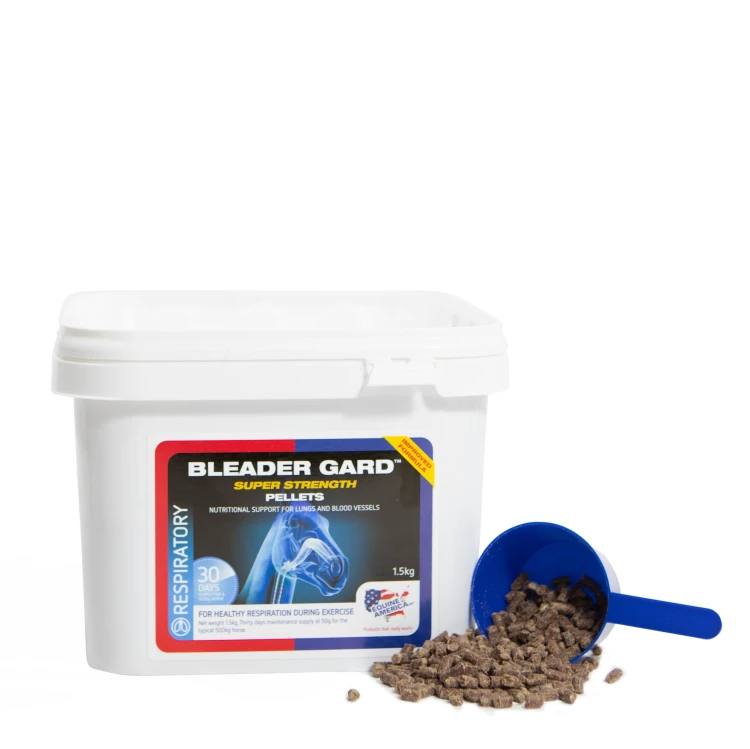 Bleader Gard Super Strength Pellets 1,5 kg – suplement dla koni wspierający układ oddechowy i naczynia krwionośne. Granulat w praktycznym opakowaniu z miarką.