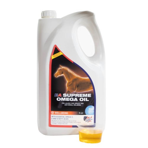 EA Supreme Omega Oil 5 L Equine America – olej dla koni z kwasami omega 3, 6 i 9, wspierający zdrową skórę i lśniącą sierść.