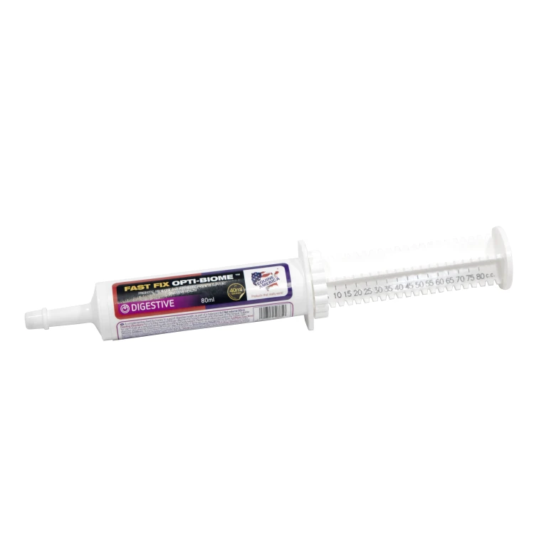 Fast Fix Opti-Biome Paste 80 ml dla koni – pasta probiotyczno-prebiotyczna wspierająca prawidłowe funkcjonowanie układu pokarmowego i równowagę mikrobiomu jelit.