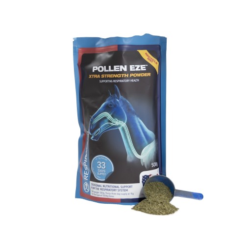Pollen Eze Xtra Strength Powder dla koni 500 g Equine America – opakowanie z miarką i proszkiem