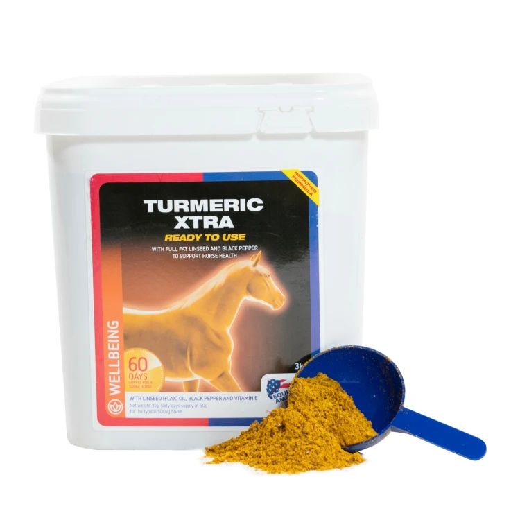 Turmeric Xtra dla koni 3kg- suplement w proszku z kurkumą, pełnotłustym siemieniem lnianym, czarnym pieprzem i witaminą E - wsparcie prawidłowej ruchomości, zdrowia i dobrego samopoczucia koni