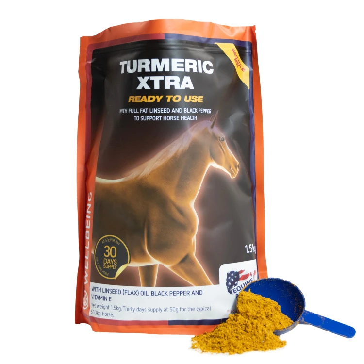 Turmeric Xtra Equine America 1,5kg - mieszanka z kurkumą, siemieniem lnianym, czarnym pieprzem i witaminą E dla koni - wiadro z produktem i miarką - suplementacja koni